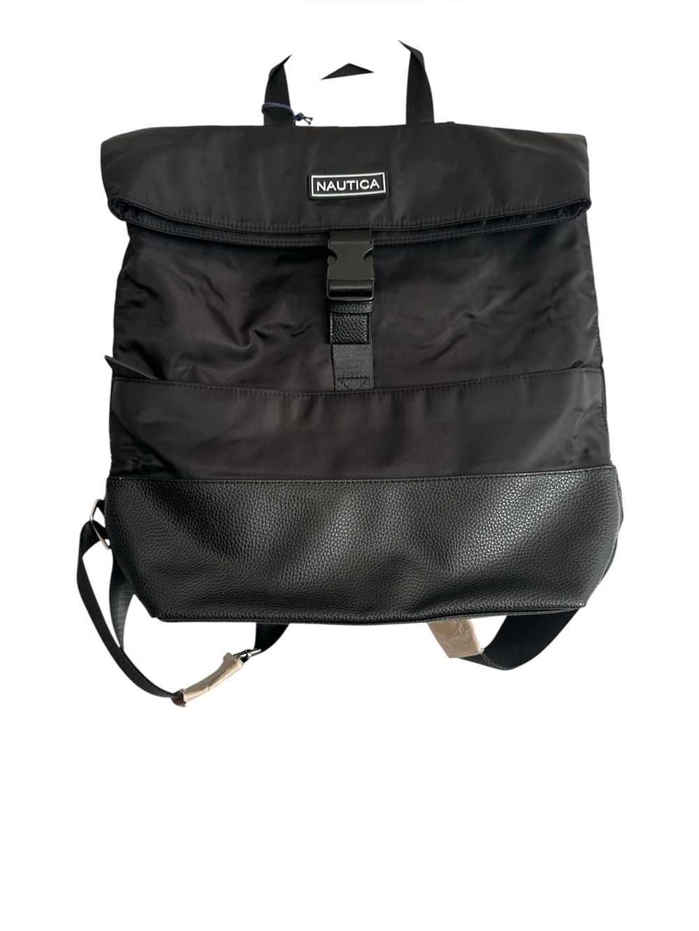 Nautica Black Nylon & Faux Leather Fold Over Buckle Backpack